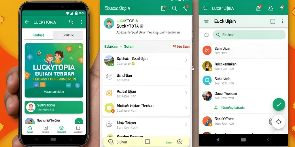 Tampilan antarmuka aplikasi LUCKYTOPIA dengan berbagai fungsi soal ujian.