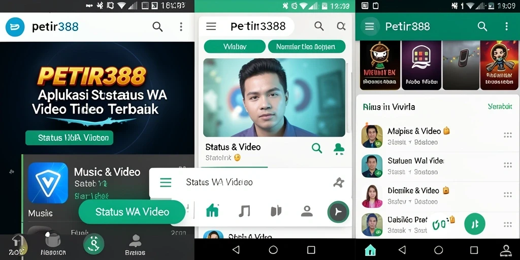 Screenshot aplikasi PETIR388 menampilkan koleksi video Status WA yang menarik.