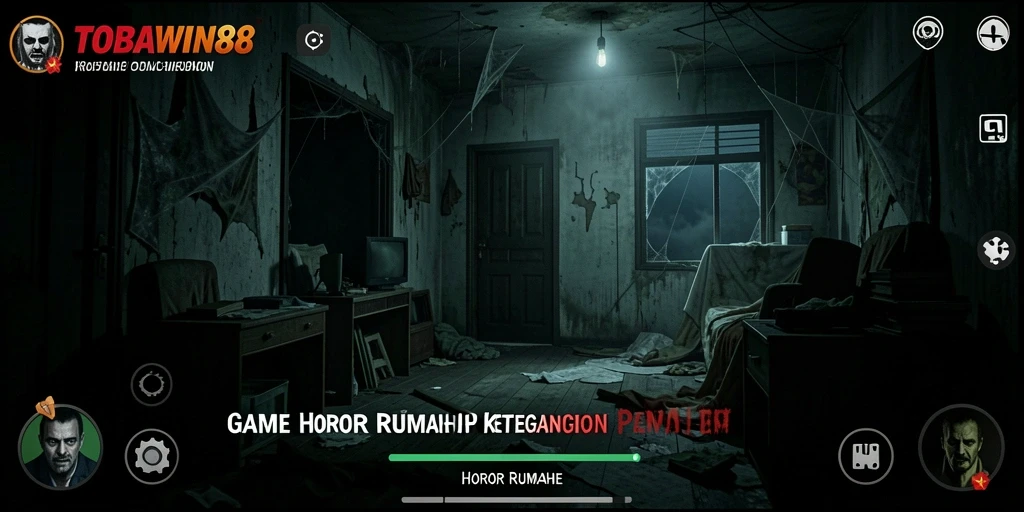 Screenshot TOBAWIN88 memperlihatkan suasana rumah angker yang menyeramkan.